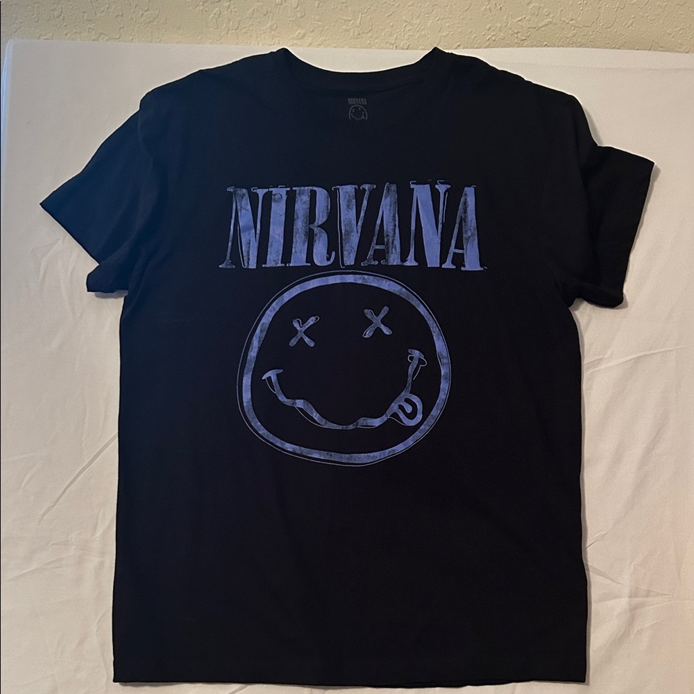 NIRVANA Black Tee with Blue Smiley Graphic